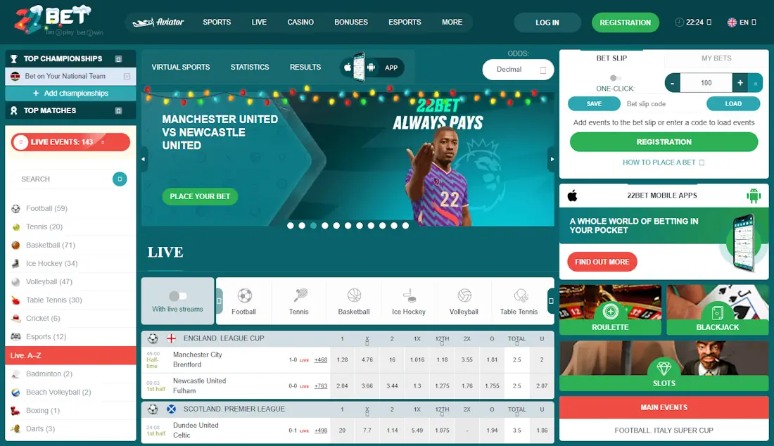 22Bet Casino and Sportsbook Screenshot